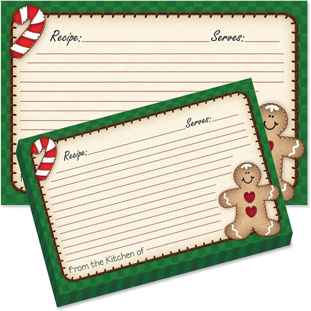 Gingerbread Man Recipe Cards - 4x6 Inches, Single Sided Blank Cardstock for Fami
